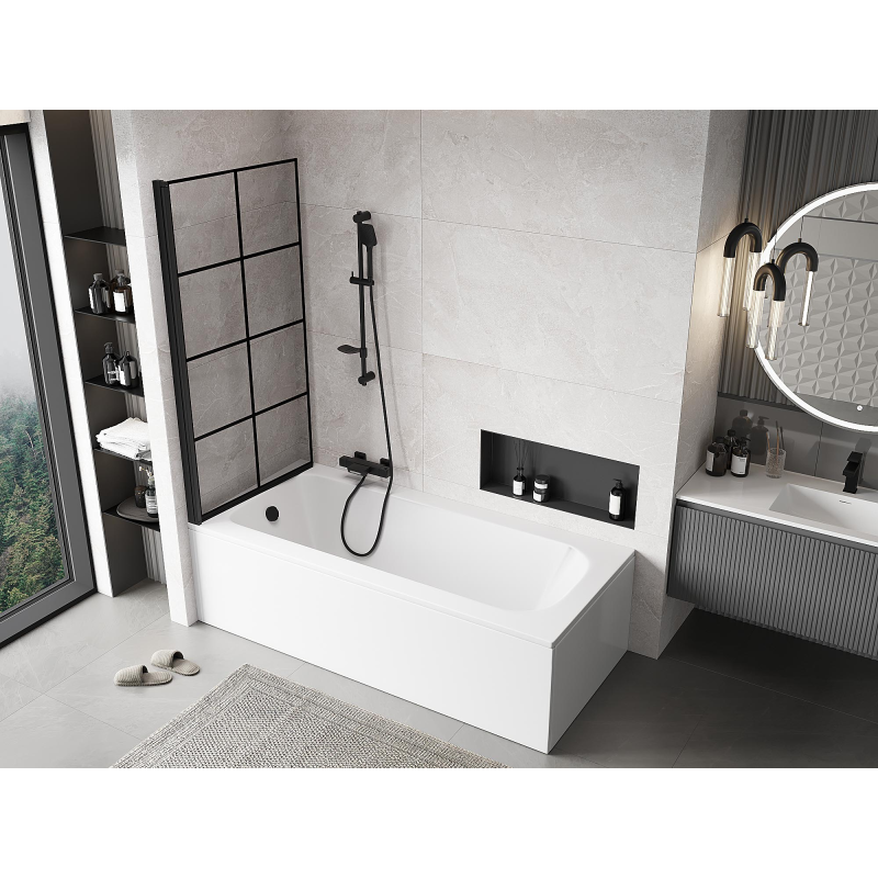 Mexen Mist paroi de baignoire à 1 volet gauche 90 x 150 cm, grille noire, noir - 8A9-090-001-70-77-L