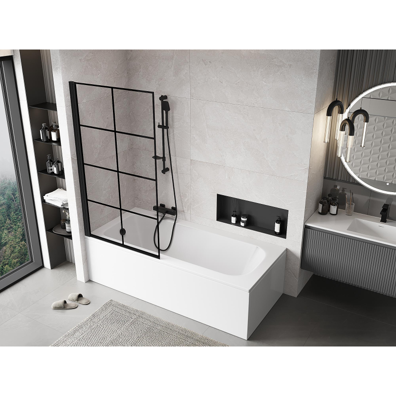 Mexen Mist paroi de baignoire à 1 volet gauche 90 x 150 cm, grille noire, noir - 8A9-090-001-70-77-L