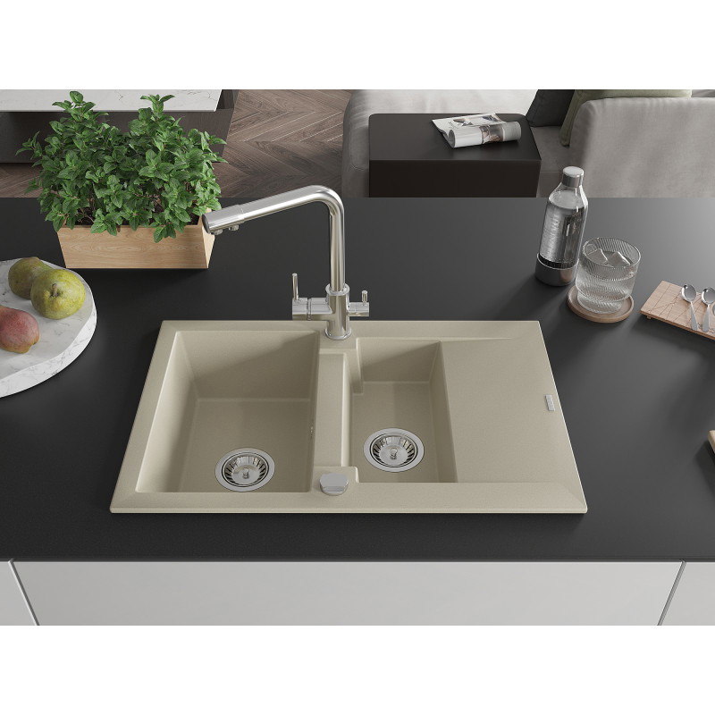 Mexen Gaspar évier en granit 1,5 bac avec égouttoir et robinet de cuisine Duero, beige - 6507-69-671600-00