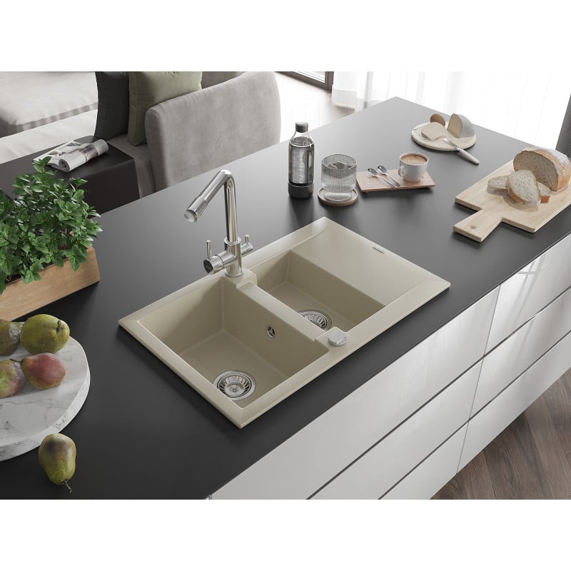 Mexen Gaspar évier en granit 1,5 bac avec égouttoir et robinet de cuisine Duero, beige - 6507-69-671600-00