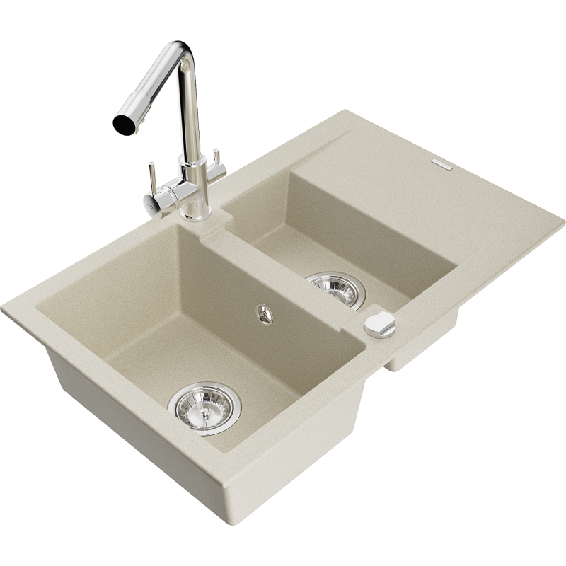 Mexen Gaspar évier en granit 1,5 bacs avec égouttoir et robinet de cuisine Duero, beige - 6507-69-671600-00