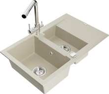 Mexen Gaspar évier en granit 1,5 bacs avec égouttoir et robinet de cuisine Duero, beige - 6507-69-671600-00
