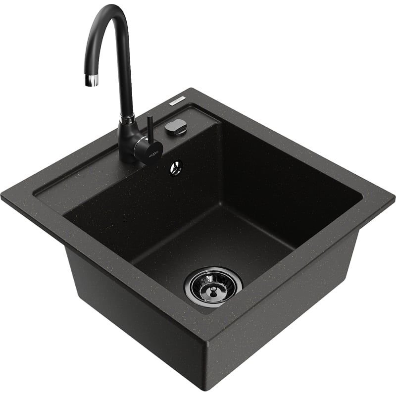 Mexen Vito évier granit 1-bassin avec robinet de cuisine Telma, noir/or métallique - 6503-75-670200-70-B