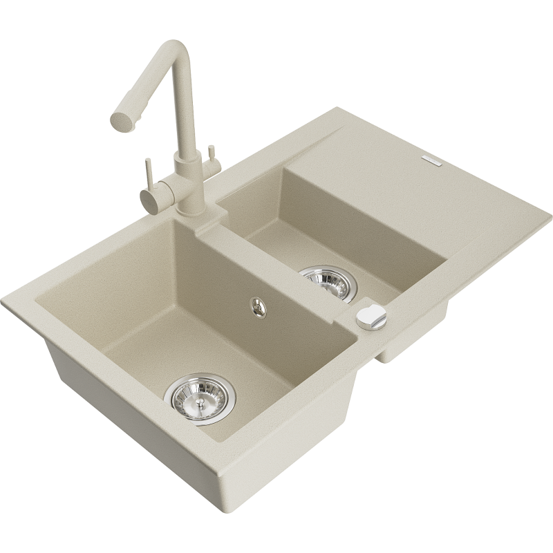 Mexen Gaspar évier en granit 1,5 bac avec égouttoir et robinet de cuisine Duero, beige - 6507-69-671600-69