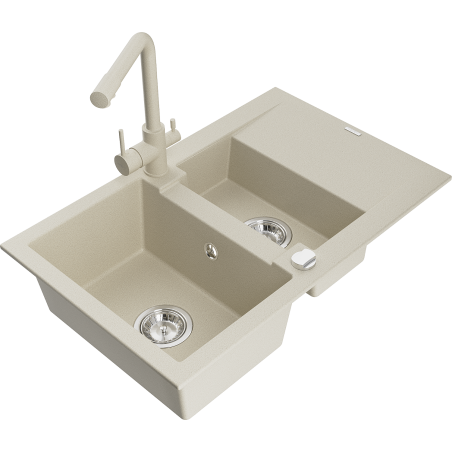 Mexen Gaspar évier en granit 1,5 bac avec égouttoir et robinet de cuisine Duero, beige - 6507-69-671600-69