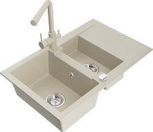 Mexen Gaspar évier en granit 1,5 bac avec égouttoir et robinet de cuisine Duero, beige - 6507-69-671600-69