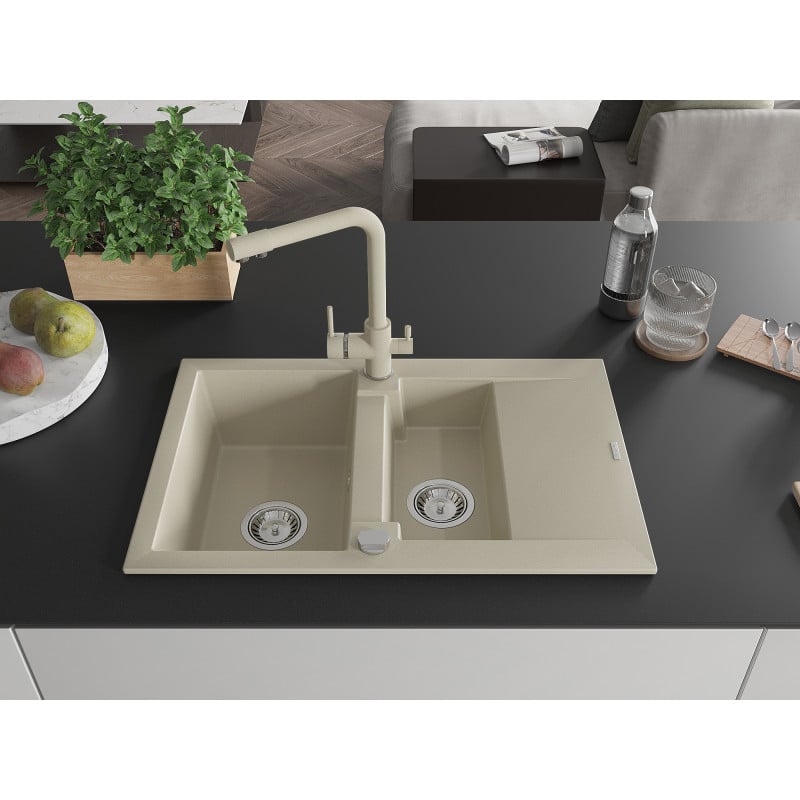 Mexen Gaspar évier en granit 1,5 bac avec égouttoir et robinet de cuisine Duero, beige - 6507-69-671600-69