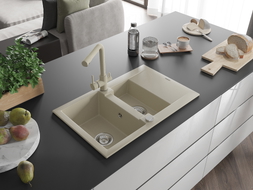Mexen Gaspar évier en granit 1,5 bac avec égouttoir et robinet de cuisine Duero, beige - 6507-69-671600-69