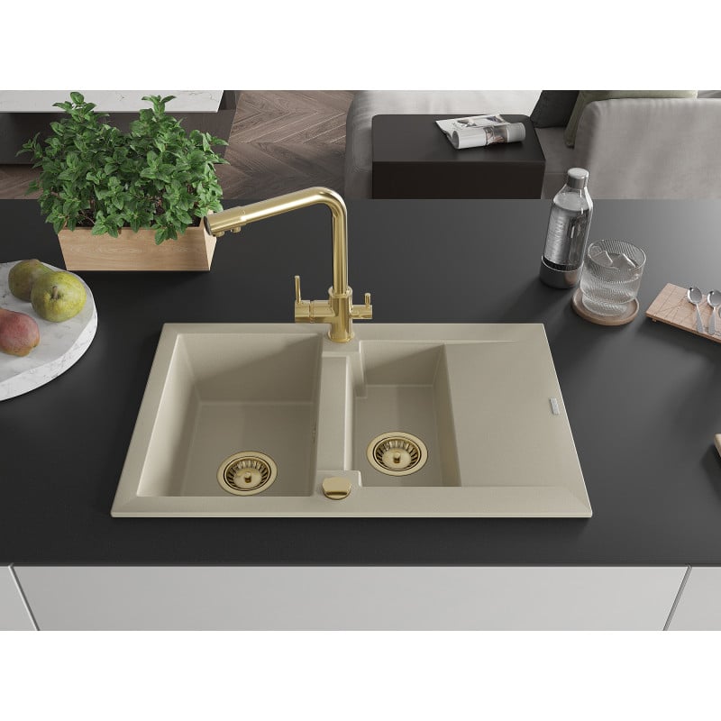 Mexen Gaspar évier en granit 1,5-bac avec égouttoir et robinet de cuisine Duero, beige - 6507-69-671600-50