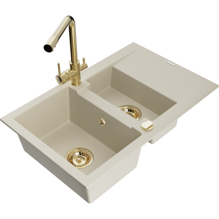 Mexen Gaspar évier en granit 1,5-bac avec égouttoir et robinet de cuisine Duero, beige - 6507-69-671600-50