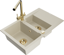 Mexen Gaspar évier en granit 1,5-bac avec égouttoir et robinet de cuisine Duero, beige - 6507-69-671600-50