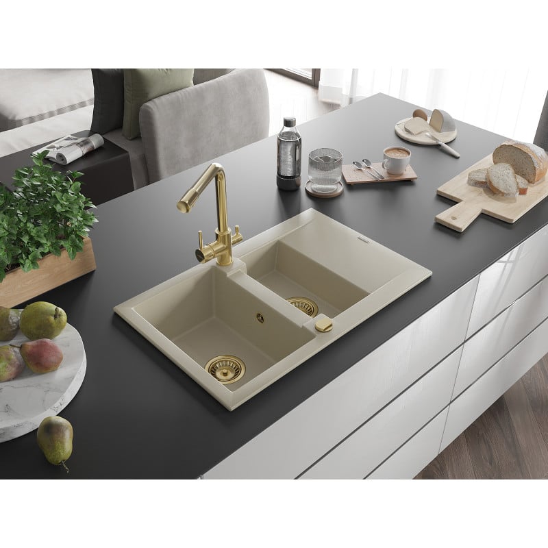 Mexen Gaspar évier en granit 1,5-bac avec égouttoir et robinet de cuisine Duero, beige - 6507-69-671600-50