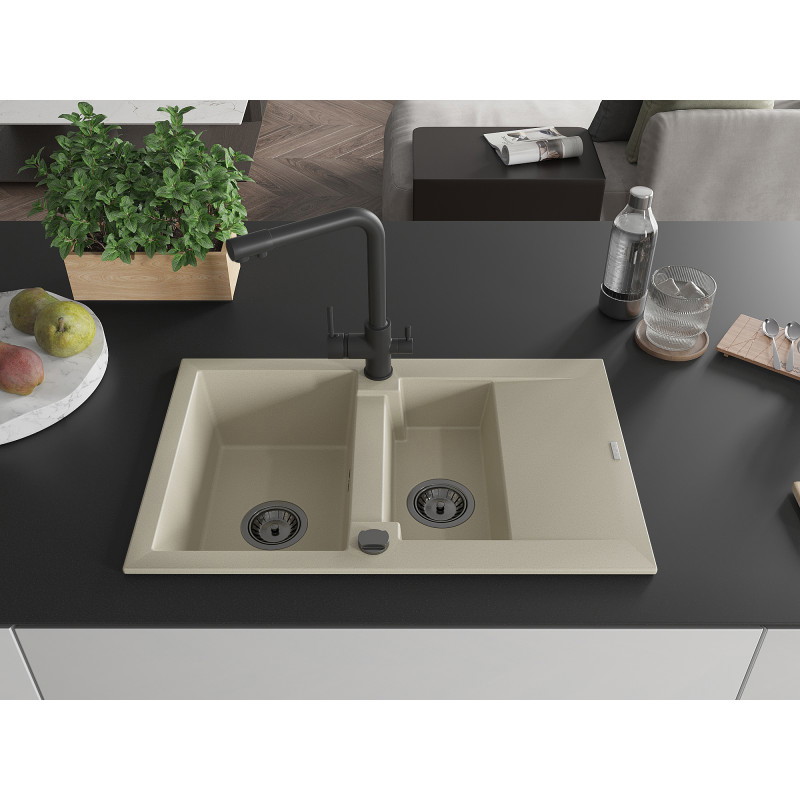 Mexen Gaspar évier en granit 1,5 bac avec égouttoir et robinet de cuisine Duero, beige - 6507-69-671600-70