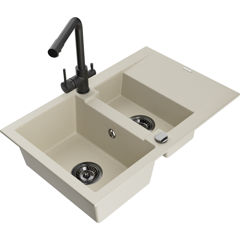Mexen Gaspar évier en granit 1,5 bac avec égouttoir et mitigeur de cuisine Duero, beige - 6507-69-671600-70