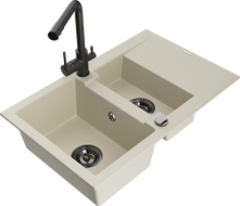 Mexen Gaspar évier en granit 1,5 bac avec égouttoir et robinet de cuisine Duero, beige - 6507-69-671600-70