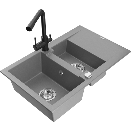 Évier en granit Mexen Gaspar 1,5 bac avec égouttoir et robinet Duero, gris - 6507-71-671600-70