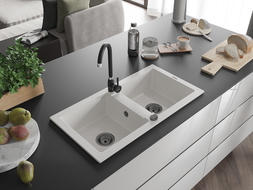 Mexen Mario évier en granit à 2 bacs avec robinet de cuisine Telma, blanc - 6504-20-670200-70
