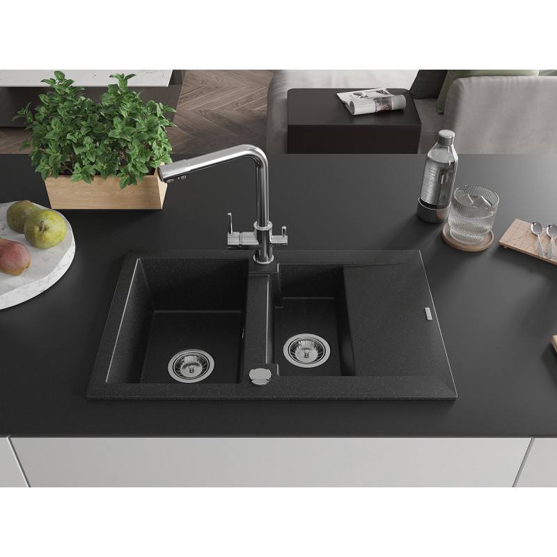 Mexen Gaspar évier granit 1,5 bac avec égouttoir et robinet de cuisine Duero, noir/argent - 6507-73-671600-00