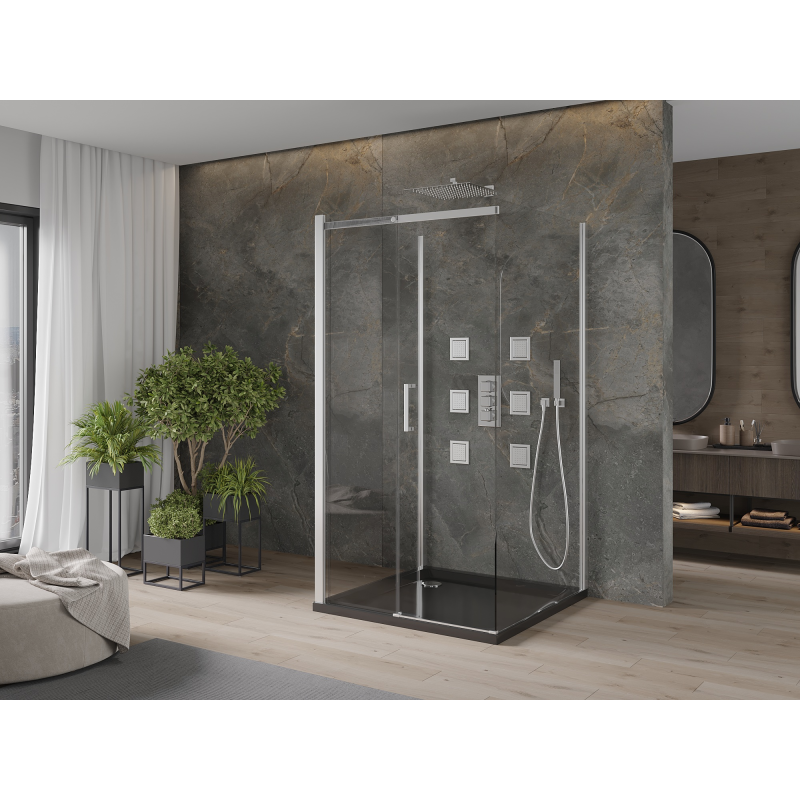Mexen Omega-3S cabine de douche à 3 parois, coulissante 100x100 cm, transparent, chromé + receveur de douche plat