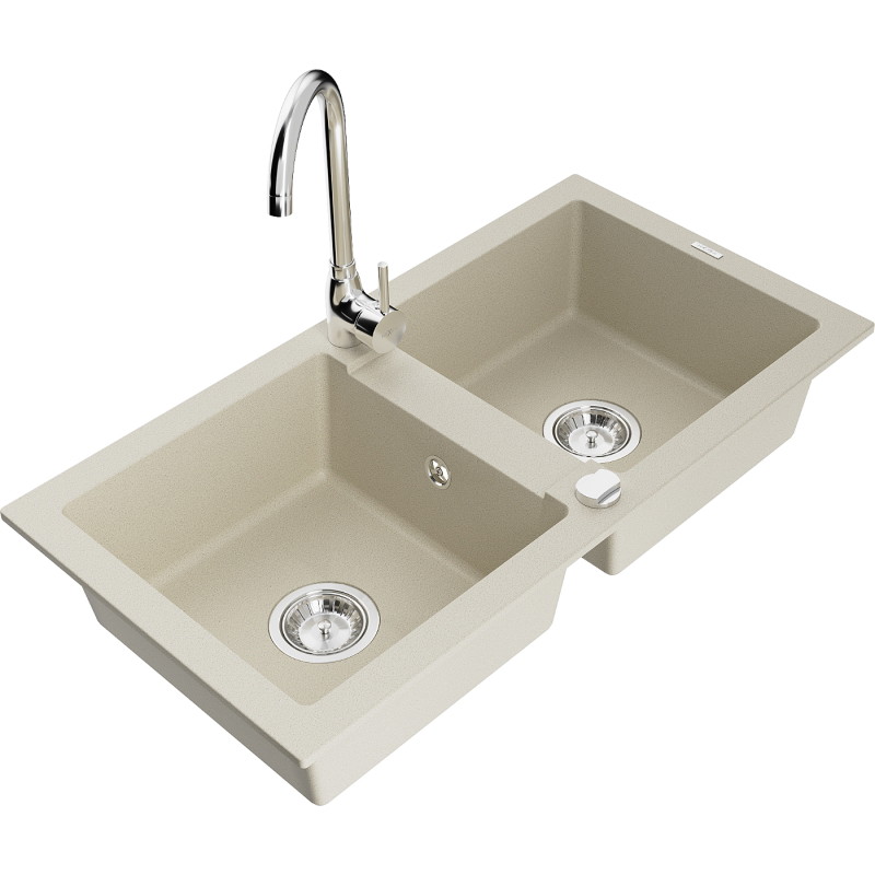 Mexen Mario Évier en granit 2 bacs avec robinet de cuisine Telma, beige - 6504-69-670200-00