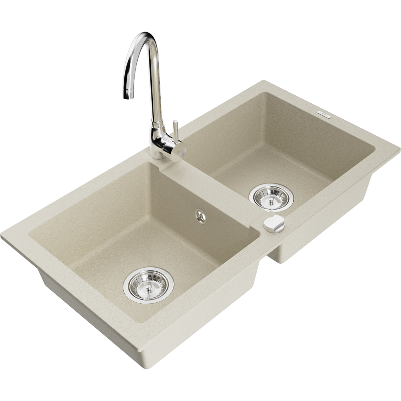 Mexen Mario évier en granit à 2 cuves avec robinet mélangeur Telma, Beige - 6504-69-670200-00