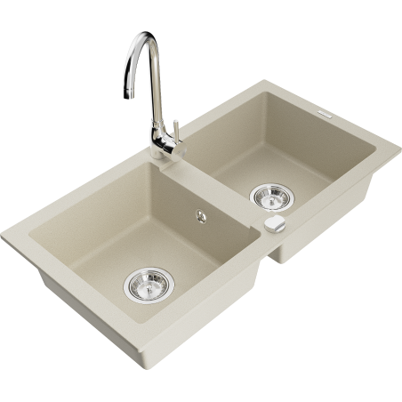 Mexen Mario Évier en granit 2 bacs avec robinet de cuisine Telma, beige - 6504-69-670200-00