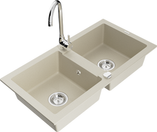 Mexen Mario Évier en granit 2 bacs avec robinet de cuisine Telma, beige - 6504-69-670200-00