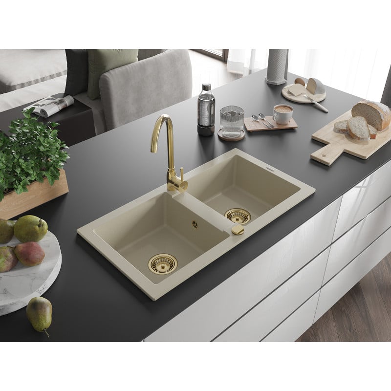Mexen Mario évier granit 2 bacs avec robinet de cuisine Telma, beige - 6504-69-670200-50