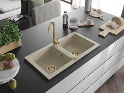 Mexen Mario évier en granit à 2 cuves avec robinet mélangeur Telma, Beige - 6504-69-670200-50