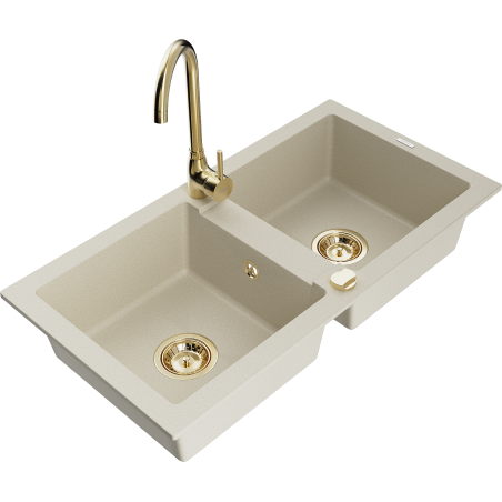 Mexen Mario évier en granit à 2 cuves avec robinet mélangeur Telma, Beige - 6504-69-670200-50
