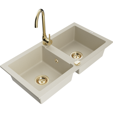 Mexen Mario évier granit 2 bacs avec robinet de cuisine Telma, beige - 6504-69-670200-50