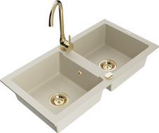 Mexen Mario évier en granit à 2 cuves avec robinet mélangeur Telma, Beige - 6504-69-670200-50