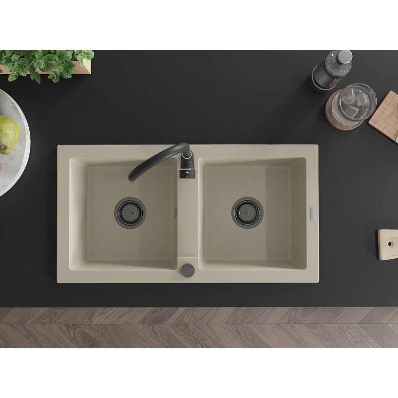 Mexen Mario évier en granit à 2 cuves avec mitigeur de cuisine Telma, beige - 6504-69-670200-70