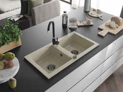 Mexen Mario évier en granit 2 bacs avec robinet de cuisine Telma, beige - 6504-69-670200-70