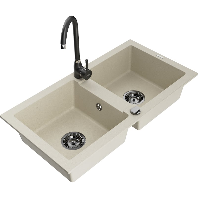 Mexen Mario évier en granit à 2 cuves avec robinet de cuisine Telma, beige - 6504-69-670200-70