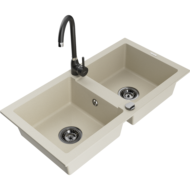 Mexen Mario évier en granit à 2 cuves avec robinet mélangeur Telma, Beige - 6504-69-670200-70