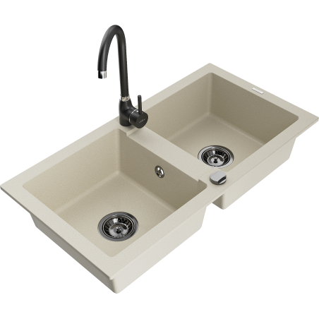Mexen Mario évier en granit à 2 cuves avec robinet mélangeur Telma, Beige - 6504-69-670200-70