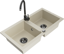 Mexen Mario évier en granit à 2 cuves avec robinet de cuisine Telma, beige - 6504-69-670200-70