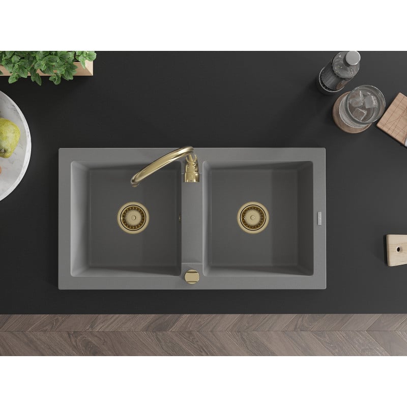 Mexen Mario évier en granit à 2 bacs avec robinet de cuisine Telma, gris - 6504-71-670200-50