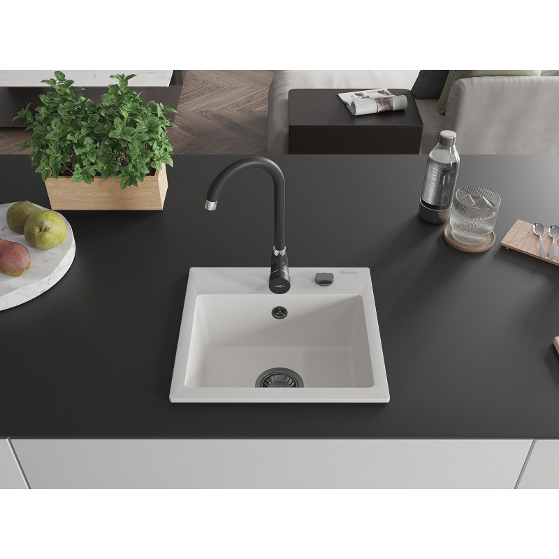 Mexen Milo évier en granit 1 bassin avec robinet de cuisine Telma, blanc - 6505-20-670200-70