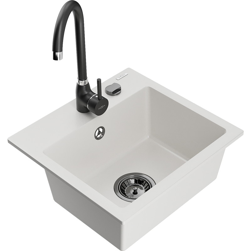 Mexen Milo évier en granite 1 bac avec robinet de cuisine Telma, blanc - 6505-20-670200-70