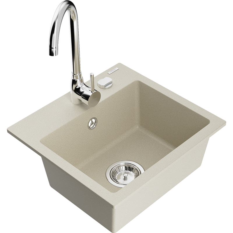 Mexen Milo évier en granit 1 bac avec robinet de cuisine Telma, beige - 6505-69-670200-00