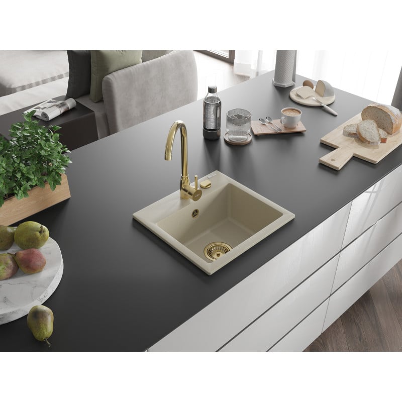 Mexen Milo évier en granit 1 bac avec robinet de cuisine Telma, beige - 6505-69-670200-50