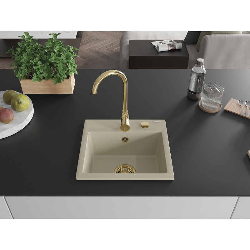Mexen Milo évier en granit 1 bac avec robinet de cuisine Telma, beige - 6505-69-670200-50