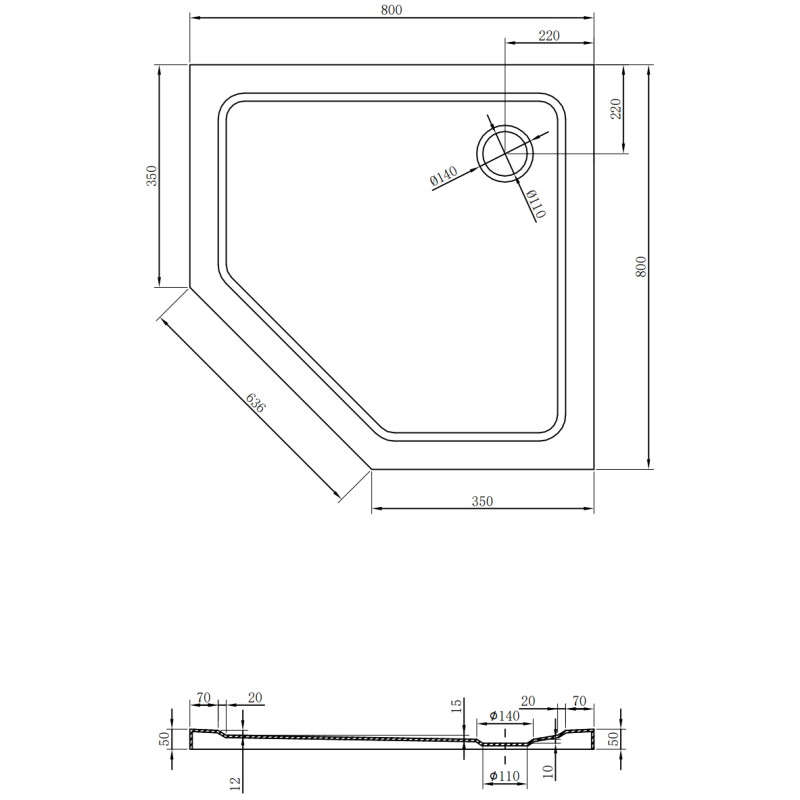 Mexen Flat receveur de douche pentagonal slim 80 x 80 cm, blanc, siphon chromé - 41P108080