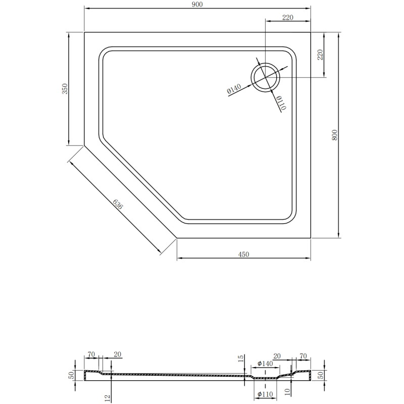 Mexen Flat receveur de douche pentagonal slim droit 90 x 80 cm, blanc, siphon chromé - 41P108090R