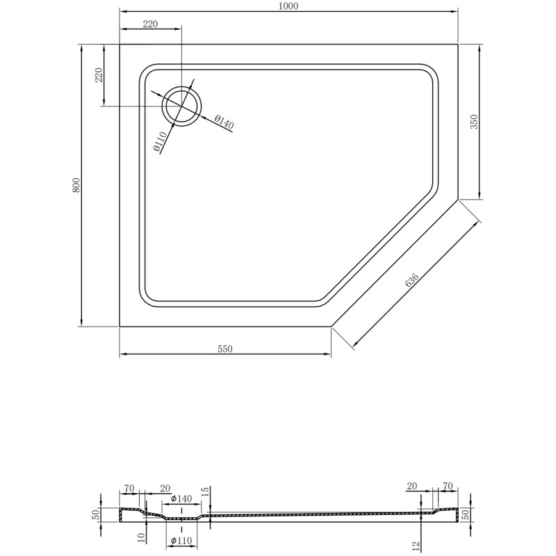 Mexen Flat receveur de douche pentagonal slim gauche 100 x 80 cm, blanc, siphon chromé - 41P108010L