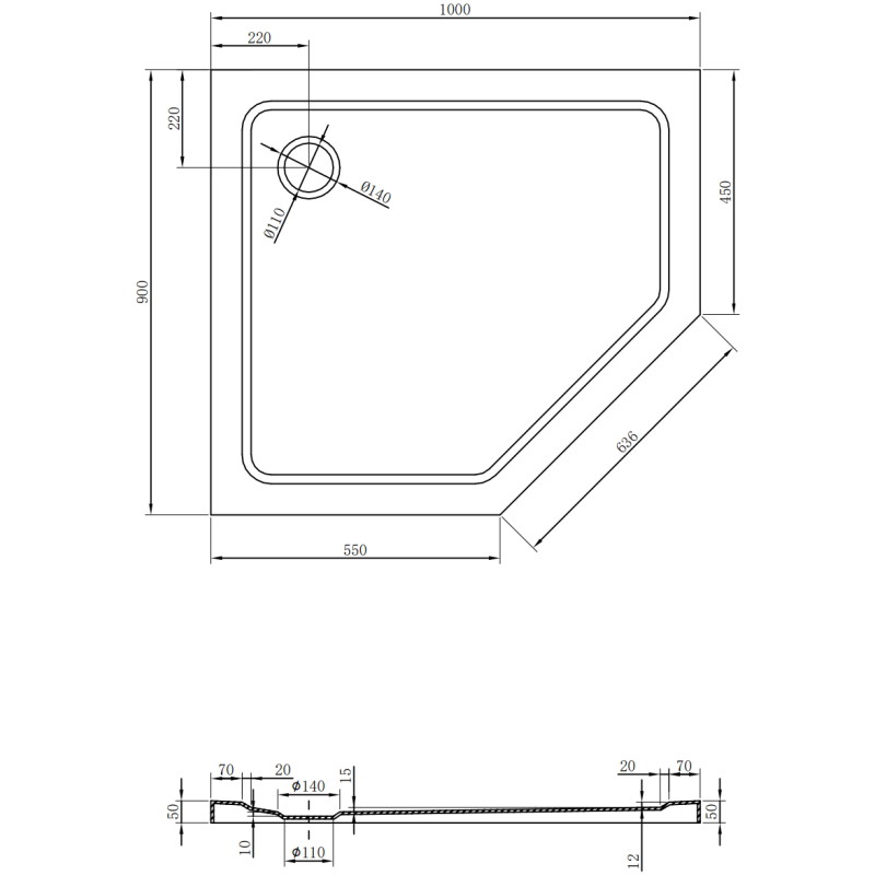 Mexen Flat receveur de douche pentagonal slim gauche 100 x 90 cm, blanc, bonde chromée - 41P109010L