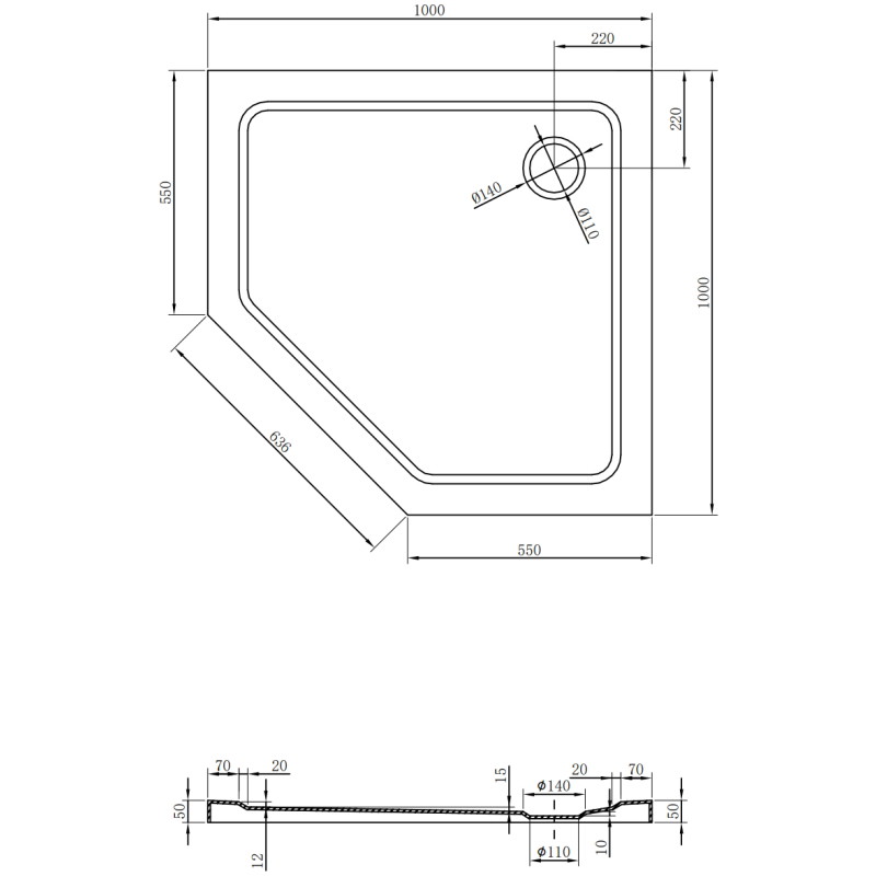 Mexen Flat receveur de douche pentagonal slim 100 x 100 cm, noir, siphon chromé - 41P701010