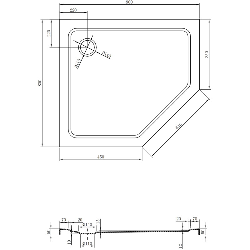 Mexen Flat bac de douche pentagonal slim gauche 90 x 80 cm, noir, siphon chromé - 41P708090L